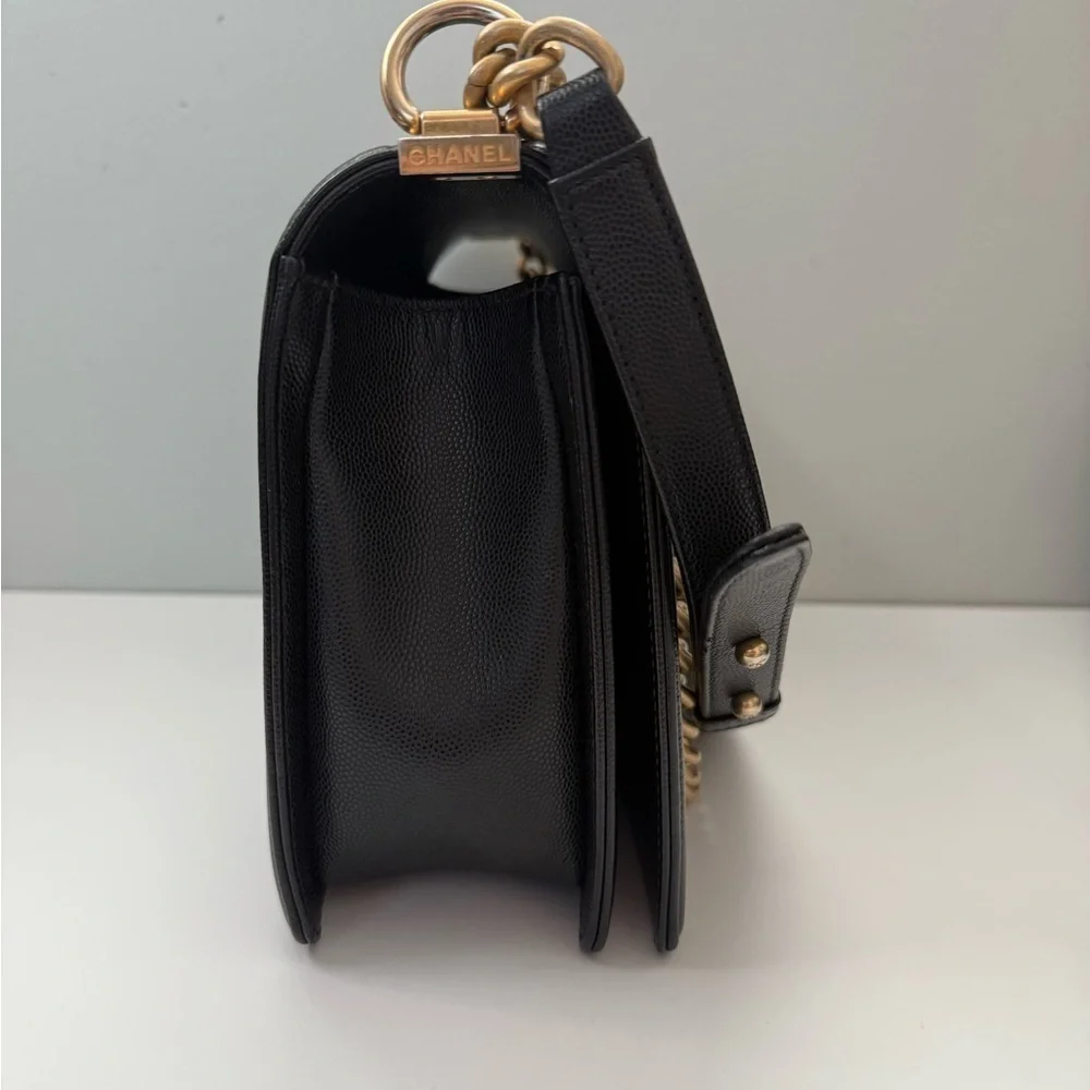 CHANEL Black Caviar Boy Bag with Aged Gold Chain and microchip